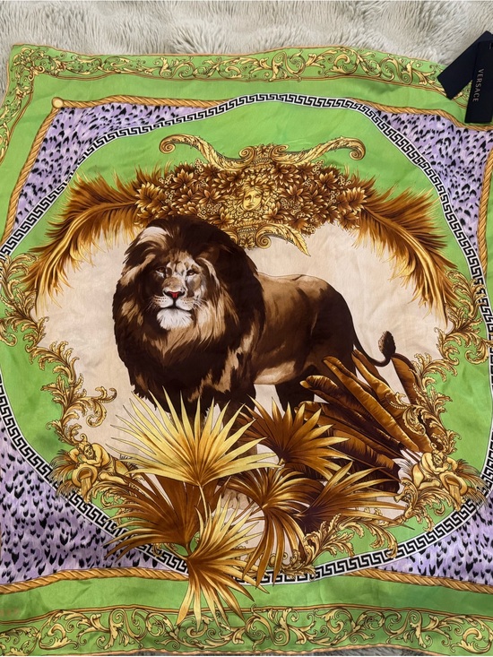 Versace Accessories - Versace Green and Gold Lion Motif Silk Scarf